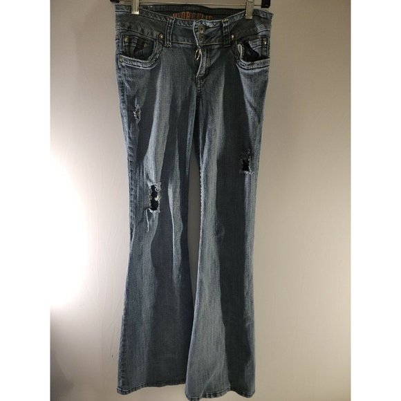 Hydraulic Curvy Lola Fit Junior Sz 7/8 Flare Leg Distressed Med Wash Denim Jeans - Picture 1 of 10